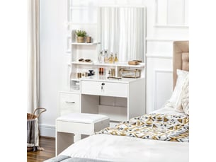 Ensemble de coiffeuse avec tabouret rembourré grand miroir + plusieurs étagères ouvertes + 4 tiroirs blanc