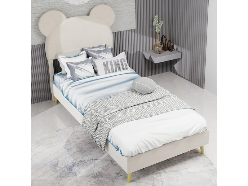 Lit rembourré minimaliste moderne 90x200 cm beige, tête cartoon moelleuse, base solide basse sans rangement ni vérin, sans matelas - Conforama C