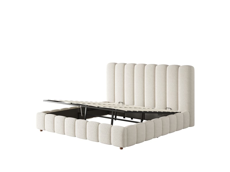  Lit rembourré, lit double, 180 x 200 cm, lit fonctionnel hydraulique, sommier à lattes, tête de lit et grand espace de rangement, tête de lit rembourrée, bouclé blanc  - Conforama D