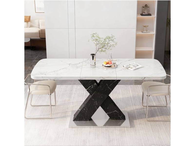 Table à manger extensible 120-160 x 80 cm, plateau mdf effet marbre blanc, piètement noir en x avec base métal, design moderne - Conforama C