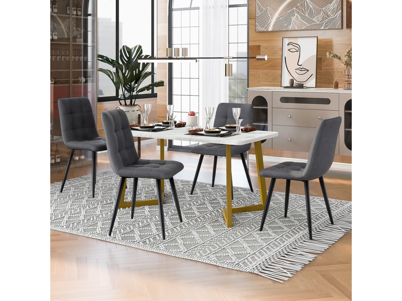  Ensemble table et 4 chaises moderne, plateau rectangulaire effet marbre, sièges en tissu gris foncé pour repas  - Conforama B