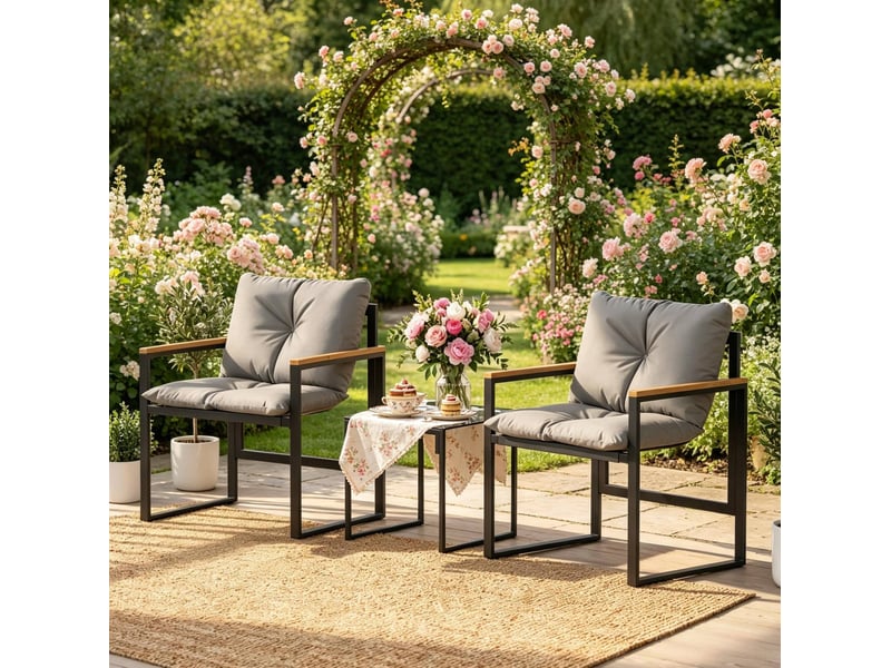  Salon de jardin 3 pièces avec 2 fauteuils et table basse, métal noir et gris  - Conforama B