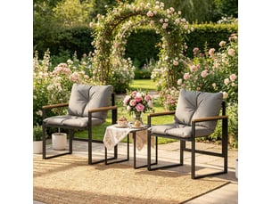 Salon de jardin 3 pièces avec 2 fauteuils et table basse, métal noir et gris