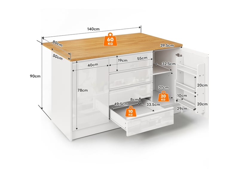  Desserte de cuisine 140x80x90 cm avec plan de travail extensible, 4 tiroirs, 2 armoires, mdf, blanc et naturel  - Conforama C