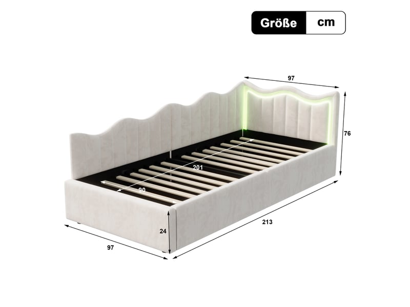 Lit enfant 90x200 cm avec rangement, lit coffre avec sommier, led, canapé lit, lit simple, cadre de lit hydraulique, velours, beige - Conforama R