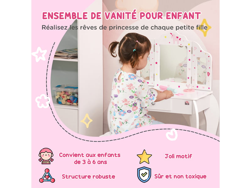 Coiffeuse enfant avec tabouret, miroir triptyque et tiroir coulissant - coiffeuse dim. 63l x 40l x 85,5h cm - Conforama D