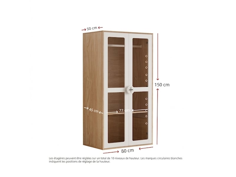  Lot de 2 armoires enfant avec penderie et portes en acrylique transparent, bois et blanc, 160x50x150 cm  - Conforama C