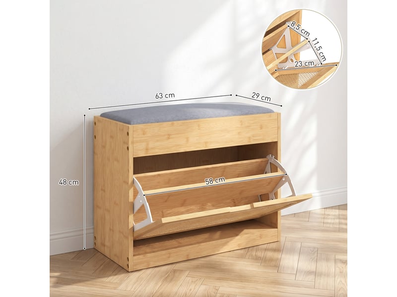  Banc chaussures entrée, banc de rangement en bambou, assise rembourrée, porte en rotin et étagère réglable, bois naturel  - Conforama E
