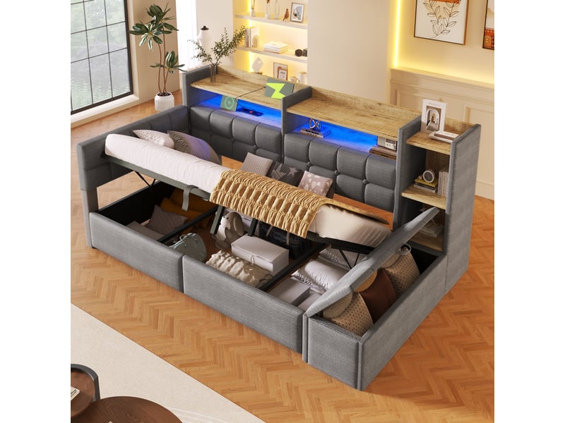  Canapé-lit 90x200 cm, lit enfant, couchage d'appoint, rangement hydraulique, led, velours gris foncé, usb et usb-c  - Conforama C