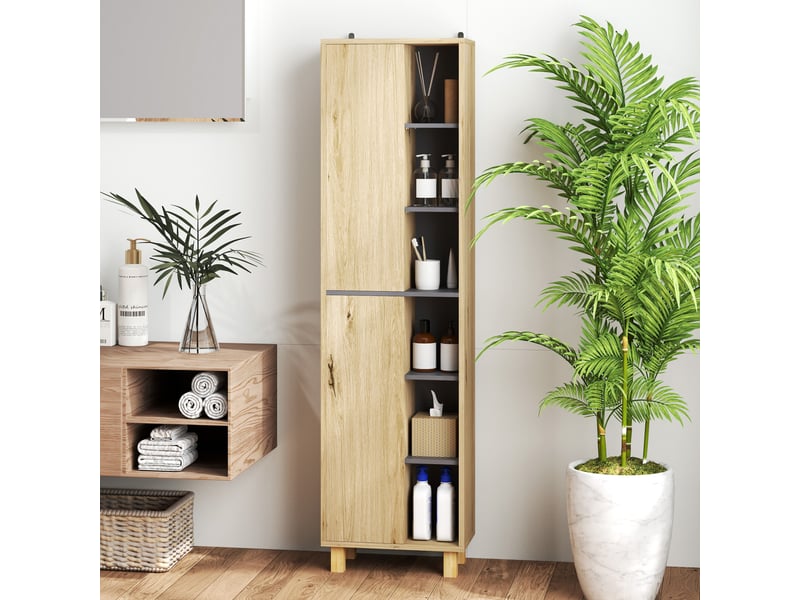 Meuble colonne salle de bain, bois naturel, armoire de salle de bain avec 6 compartiments ouverts et 2 placards - Conforama W