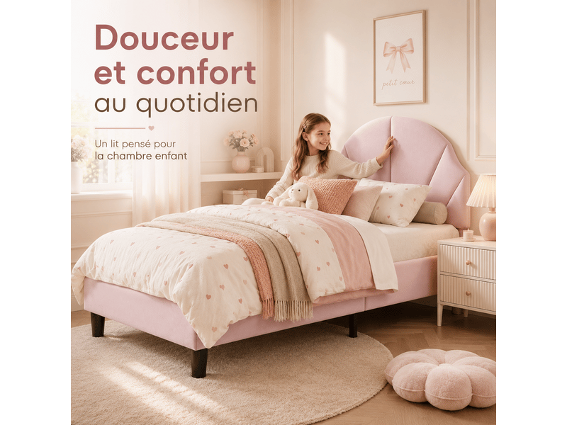Lit simple enfant 90x200 cm - lit rembourré - tête de lit réglable - 1 personne - lit plat - lit fille 90x200cm en velours - lit rembourre avec sommier à lattes en bois - tête de lit réglable en hauteur - cadre de lit enfant - e… - Conforama C