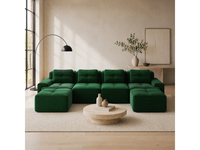 Canapé modulaire convertible 4 places en velours côtelé vert, configuration en u - Conforama B