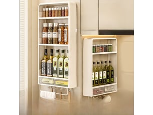 Étagère de cuisine murale 2 niveaux avec tiroir et 6 crochets. Design rayé et installation sans perçage pour rangement optimal, multicolore