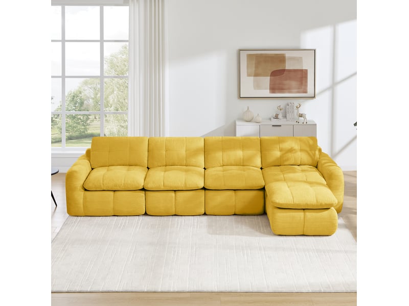  Canapé d'angle modulable 4 places avec ottoman, en chenille jaune  - Conforama B