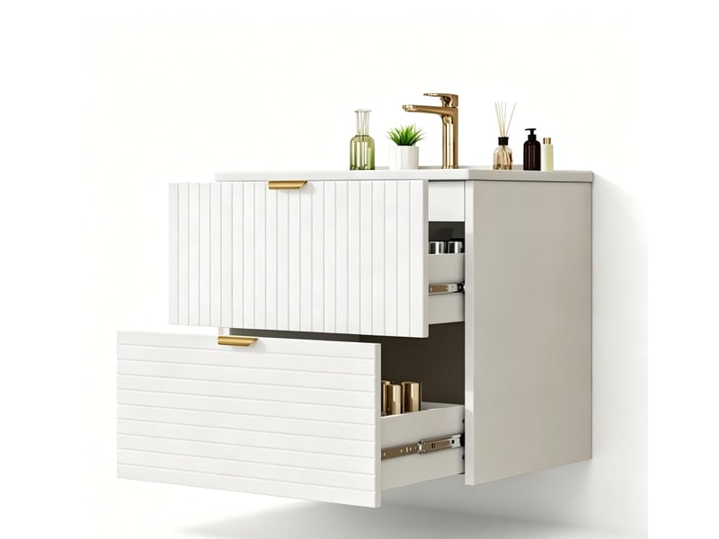  Meuble salle de bain suspendu meuble vasque blanc 61 cm mdf laqué avec 2 tiroirs silencieux  - Conforama A