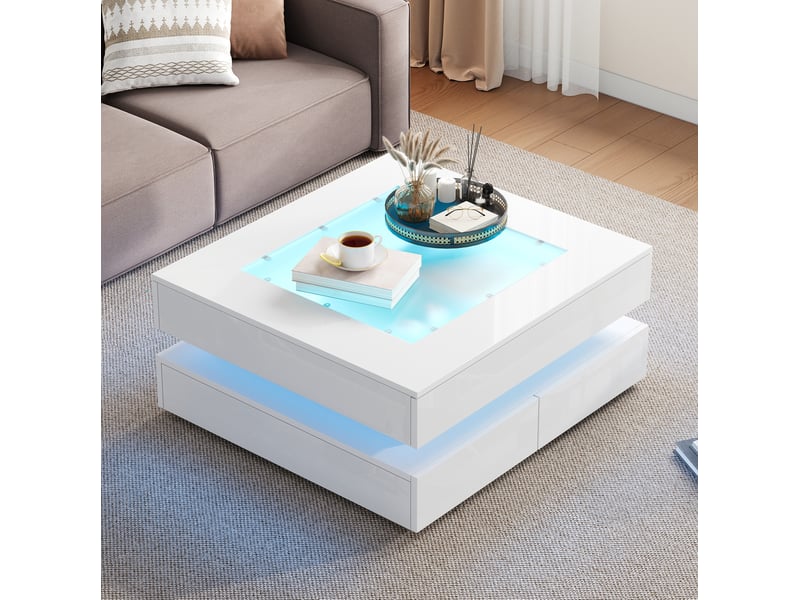  Table basse 70x70x35 cm led 3 tiroirs panneau de particules blanc  - Conforama B
