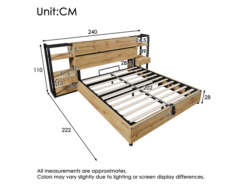  Lit coffre double 160 × 200 cm 2 places avec 2 tiroirs, usb, type-c et matelas inclus, en mdf et métal chêne  - Conforama D