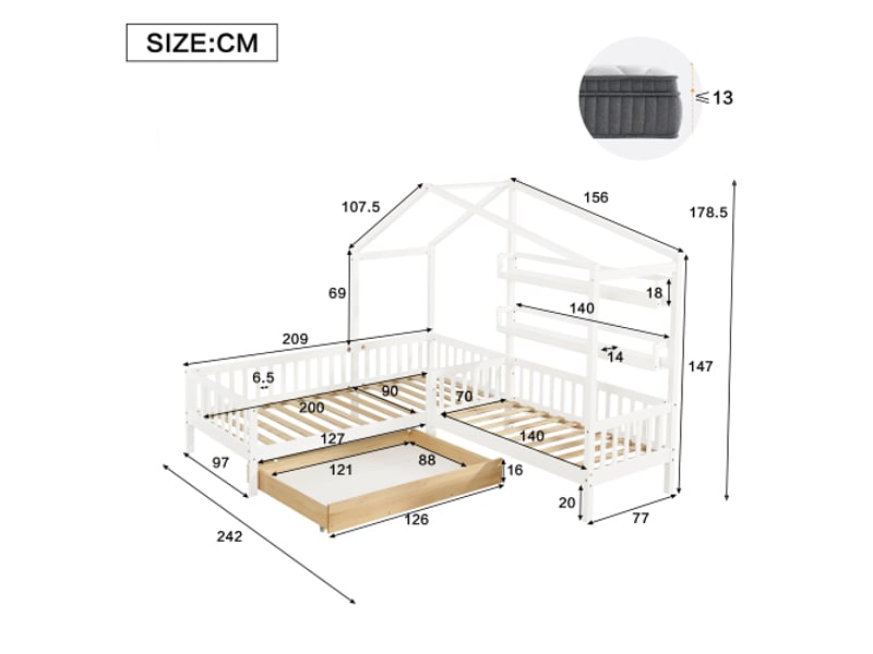  Lit cabane 90x200 cm, lit enfant avec tiroirs, étagères et barrière, en bois massif, blanc, sans matelas  - Conforama D