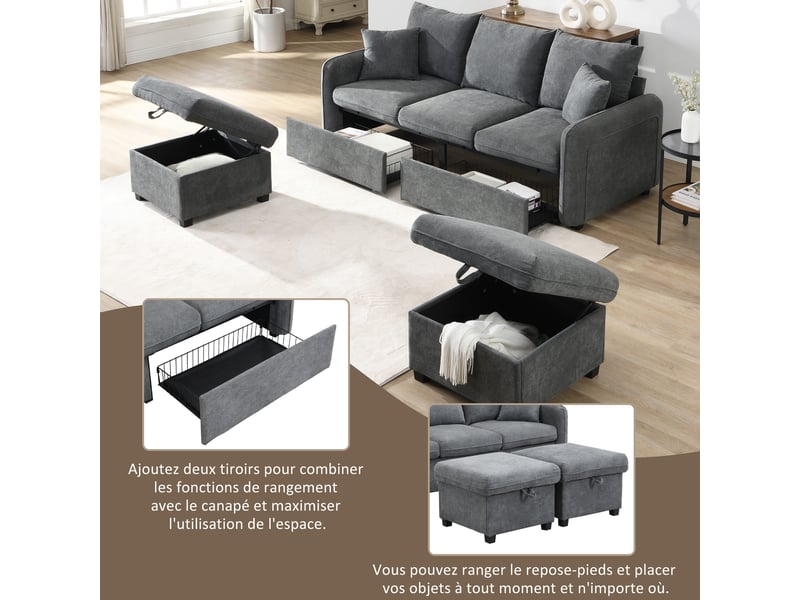  Canapé d'angle modulable 3 places en tissu chenille, 2 poufs à rangement, convertible en l ou en lit  - Conforama R