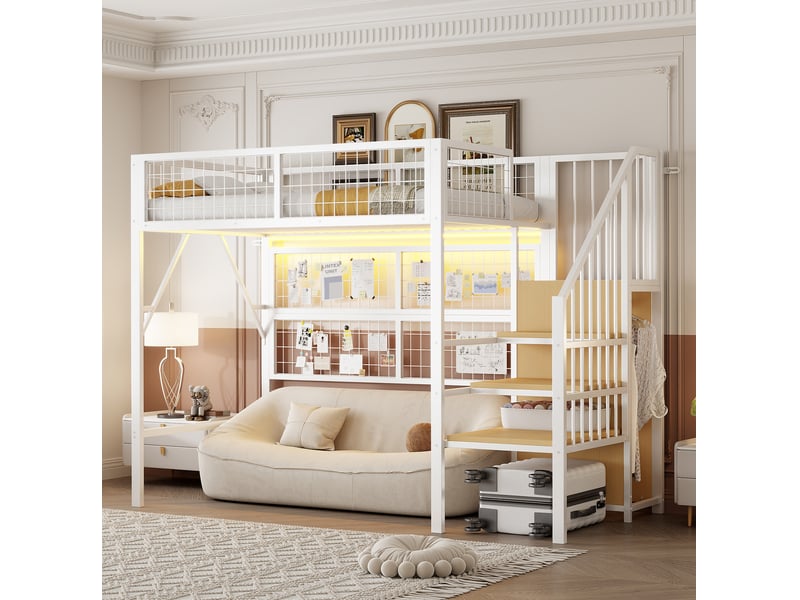  Lit mezzanine enfant 90x200 cm – blanc – escalier avec rangement, penderie ouverte et led contrôlée par application  - Conforama B