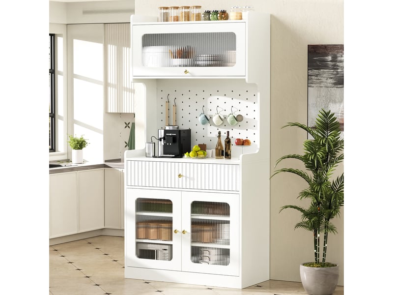  Buffet haut cuisine blanc 180 cm, armoire de cuisine avec led, portes en verre nervuré et tiroirs  - Conforama D
