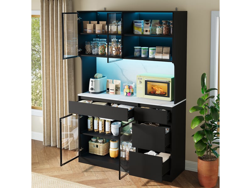  Armoire de cuisine Buffet haut vitrine moderne noir et blanc avec led effet marbre meuble de rangement salon salle à manger mdf  - Conforama D