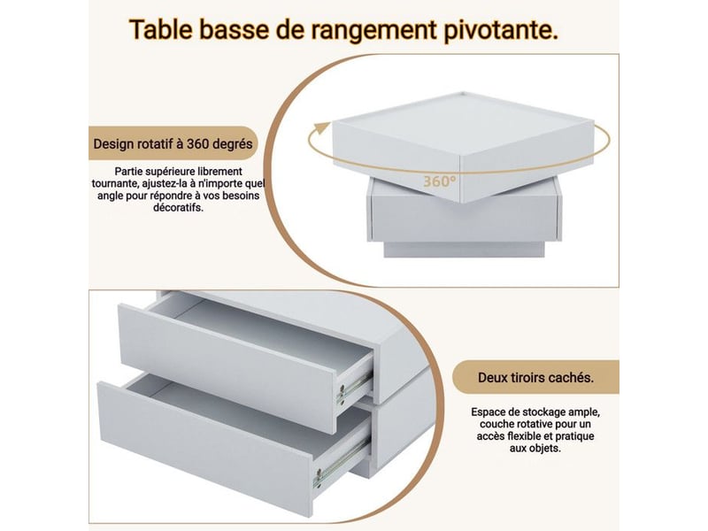  Table basse rotative - plateau rotatif à 360° - blanc - 2 étagères - espace de rangement 60x60x38cm - Conforama C