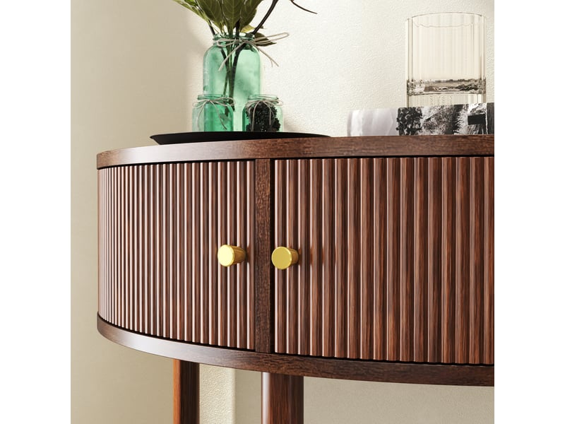  Table basse - console en forme de croissant, décor en bois brun noyer en mdf avec laque uv avec motif ondulé 3d réalisé à la main  - Conforama R