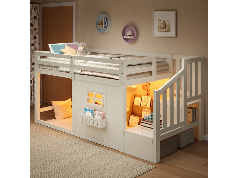 Lit mezzanine 90x200 cm blanc, avec fenêtre, escalier de rangement 2 compartiments, led, sommier inclus, sans matelas - Conforama B