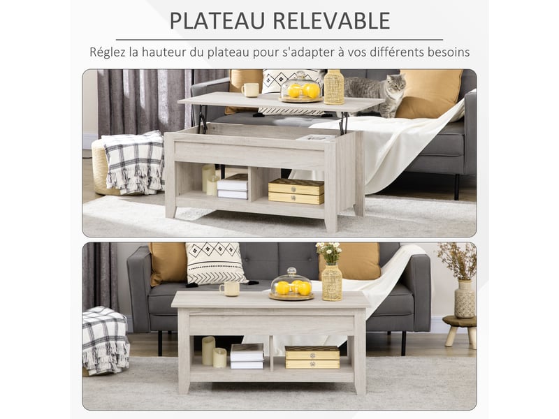  Table basse plateau relevable, table de salon avec étagères et compartiment caché,105 x 50 x 49-62,5 cm pour salon, aspect chêne clair, chambre  - Conforama D