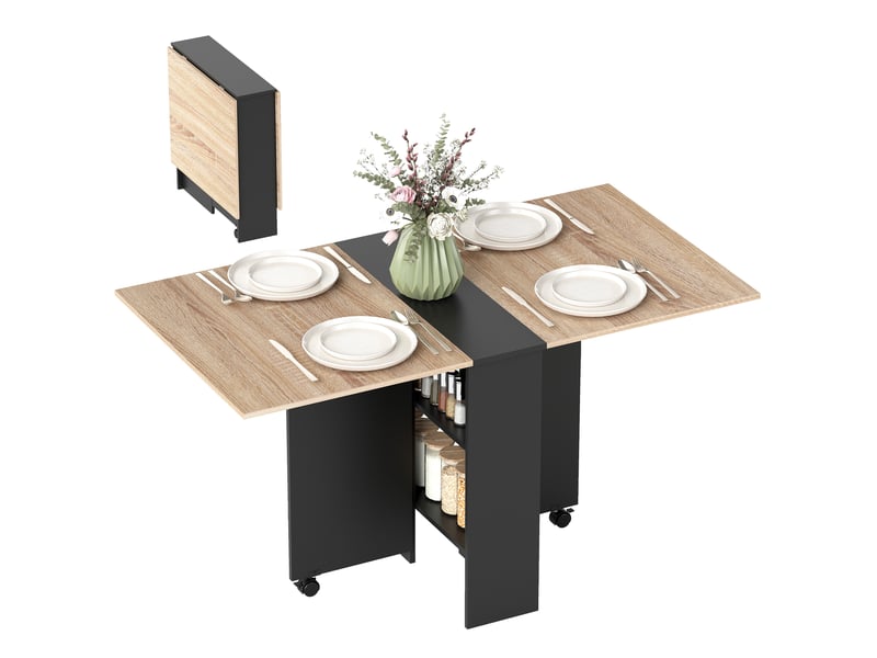  Table de cuisine pliante à roulettes, 2 étagères de rangement et 2 rallonges rabattables, style moderne, 75 x 140 x 74 cm, couleur naturelle  - Conforama A