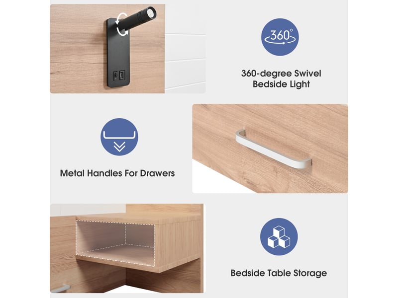 Lit avec tiroirs et chevets 180x200cm, chêne blanc, avec lampes de lecture 360° et ports de charge usb, 255×207x80cm Avec tiroirs et chevets - Conforama D