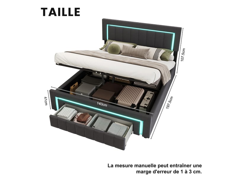  Lit coffre 140x190 cm avec led et tiroir gris velours evryae  - Conforama D