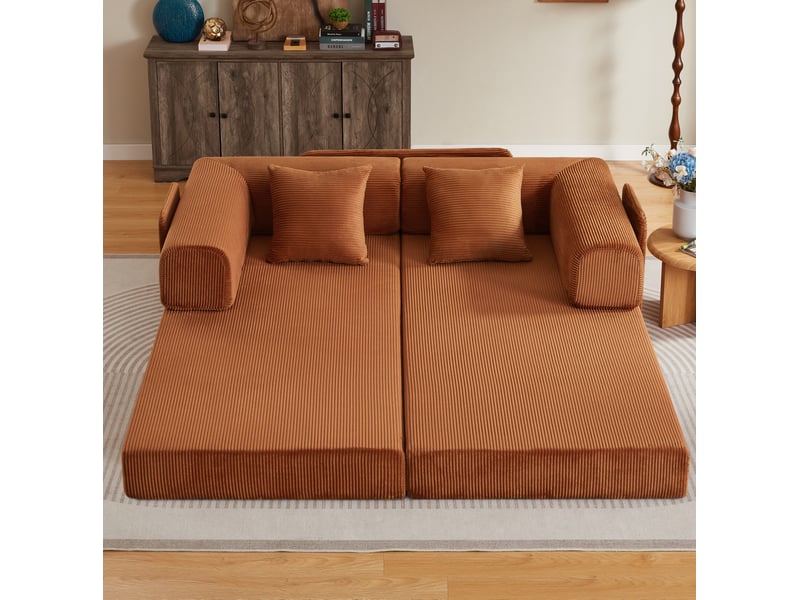 Canapé convertible modenvie 3 places en velours côtelé terracotta 204 x 97 x 65 cm avec 2 coussins  - Conforama B