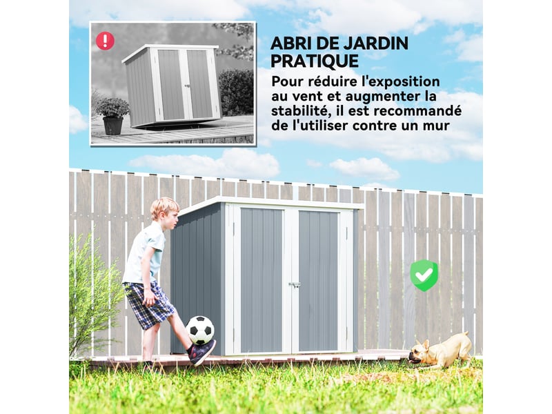  Abri de jardin 147 x 86 x 134 cm double porte verrouillable toit incliné robuste contemporain en tôle d'acier gris clair 21_0004184  - Conforama E