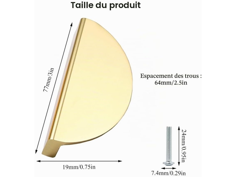  Lot de 6 poignées de meuble en forme de demi-lune, dorées, alliage d'aluminium, entraxe 64 mm, avec vis  - Conforama E