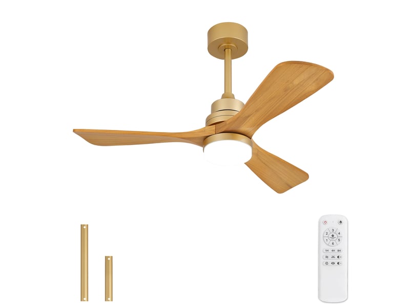 Brasseur d'air plafond 42 pouces 107 x 107 x 37 cm avec lumière et télécommande, 3 pales bois, doré