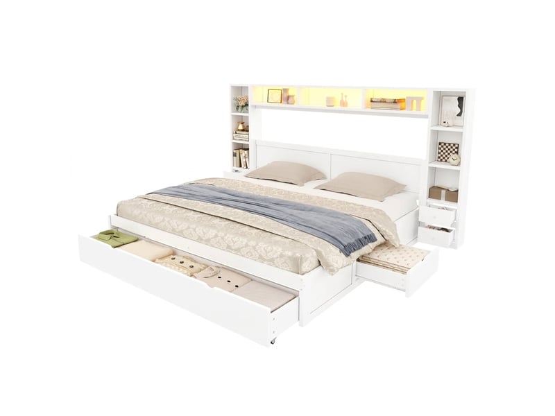  Lit plateforme 180x200 blanc avec rangement et 7 tiroirs, tête de lit avec étagères et led sans matelas  - Conforama A