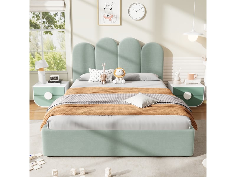 Lit coffre rembourré 180x200 cm avec liseuse intégrée, usb type-c, sommier à lattes bois et métal, velours côtelé beige blanc Morn Vibe - Conforama C