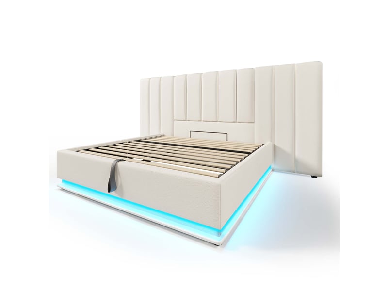  Lit adulte - avec éclairage led - avec port usb - pivotant à 360° - avec sommier à lattes - couchage 180x200 cm - pu - blanc - pour chambre 211x268x112cm - Conforama E