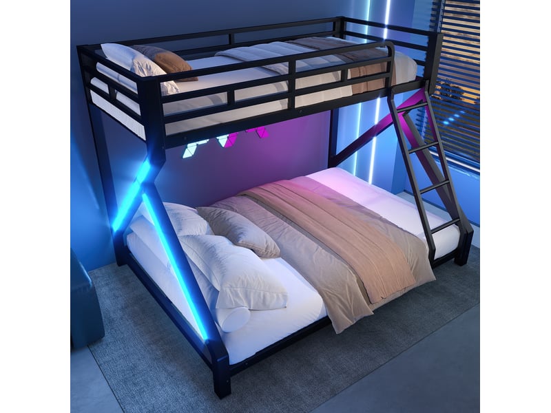 Lit superposé 90 × 200 cm et 140 × 200 cm avec led, sécurité, échelle, sans matelas, métal noir - Conforama D