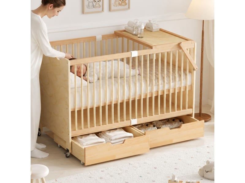  Lit bébé couleur naturel en bois massif 70x140cm, 4 roulettes, tiroirs de rangement, hauteur réglable  - Conforama E