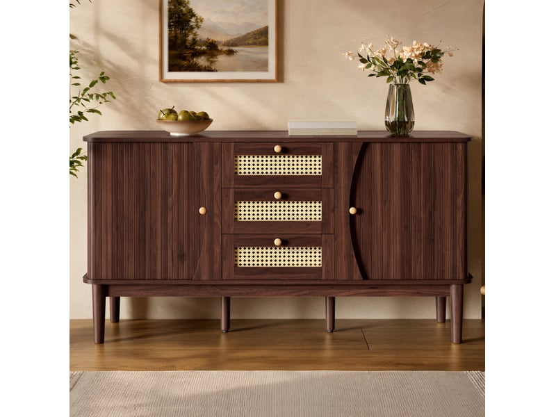  Buffet à portes coulissantes, tiroirs en rotin et étagères réglables, mdf coloris naturel  - Conforama D