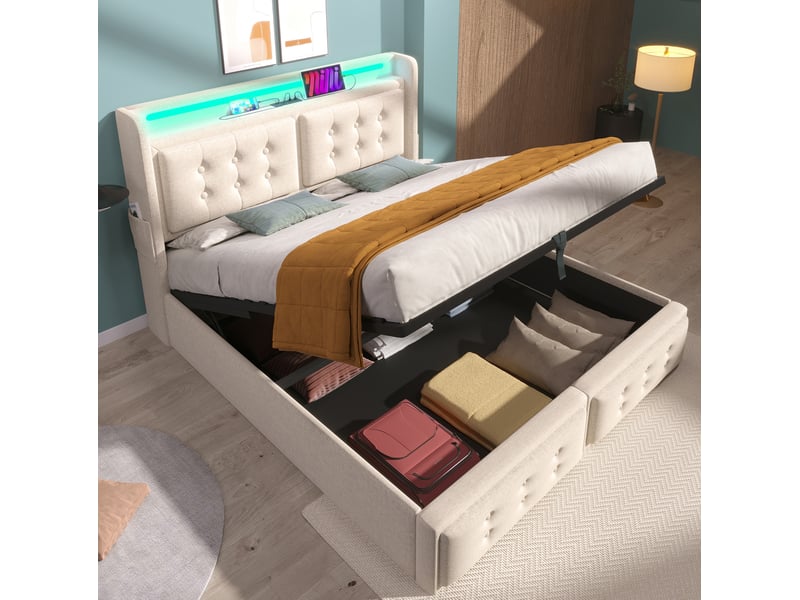  Lit coffre 140 × 200 cm 2 places avec led, usb, type c et 2 prises, matelas inclus, coton lin beige  - Conforama C