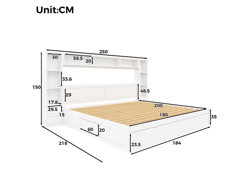  Cadre de lit plateforme 180x200 cm avec rangement, 7 tiroirs, éclairage led, mdf couleur blanc, sans matelas  - Conforama C