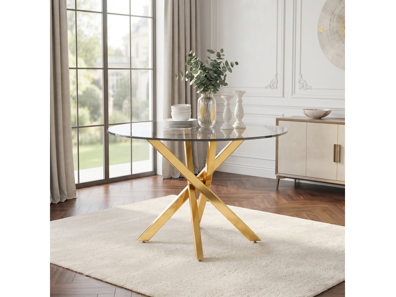  Table de salle à manger ronde avec plateau en verre trempé et piètement croisé doré, style moderne, 80 × 80 × 75 cm  - Conforama E