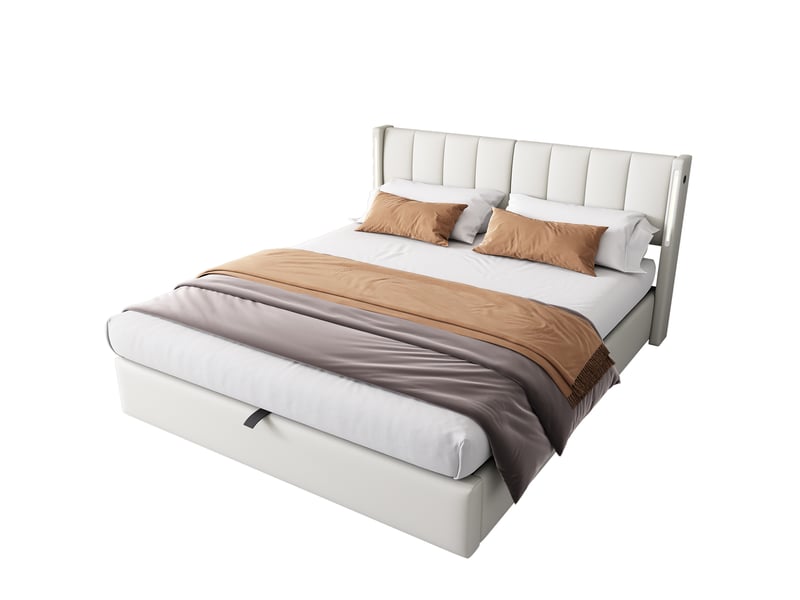  Lit coffre led 140x200 cm avec usb, tête de lit réglable, pu blanc sans matelas  - Conforama A