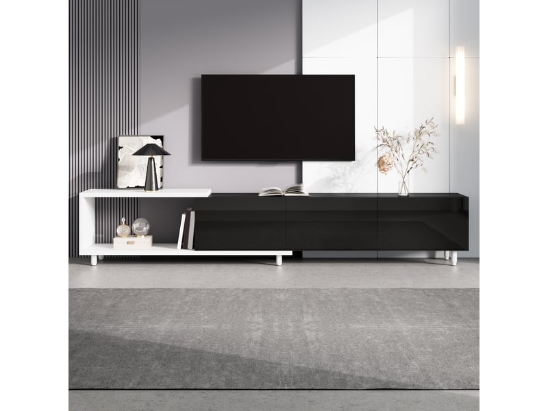  Meuble tv extensible 258x38x48,5 cm - meuble bas tv avec 3 portes brillantes, rangement, charnières silencieuses, mdf et métal - noir et blanc  - Conforama E