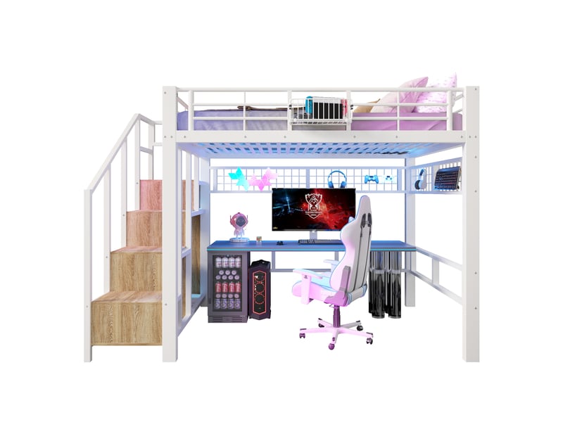 Lit mezzanine lit haut 140x200 cm avec tiroirs, rangements intégrés, led et échelle ou escalier, structure métal, blanc - Conforama A
