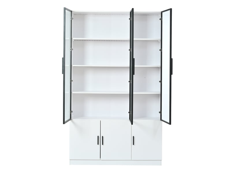  Vitrine haute 120x32x200 cm en mdf, 6 portes vitrées, led via app, étagères et anti-basculement - blanc  - Conforama D